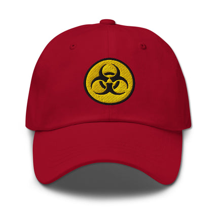 Yellow and black embroidered biohazard symbol baseball cap warning sign.