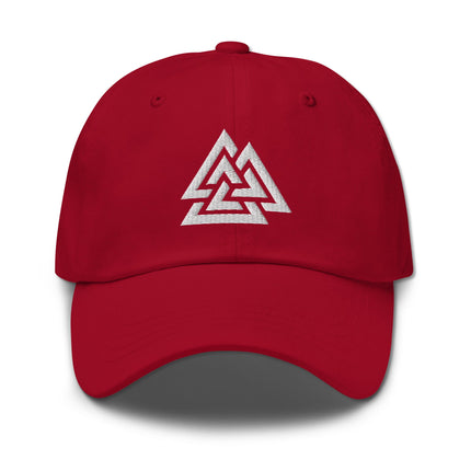 Embroidered Norse Valknut symbol baseball cap, featuring the Viking knot design.