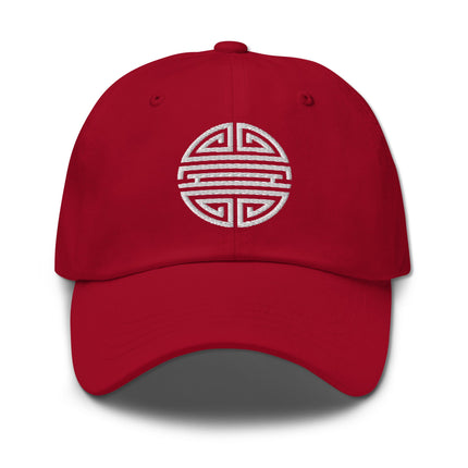 Embroidered Shou longevity symbol dad hat with Chinese cultural design.