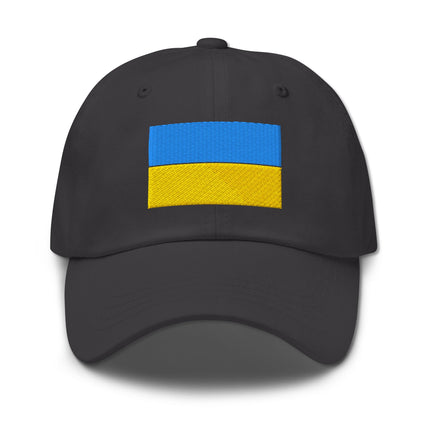 Black baseball cap featuring embroidered blue and yellow Ukrainian flag support design.