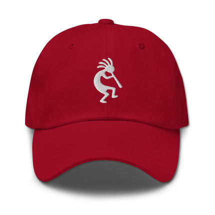 Embroidered Kokopelli hat with Native American flute player design on a baseball cap.