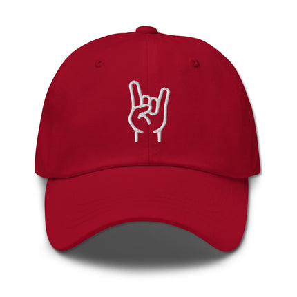 Embroidered baseball cap featuring the sign of the horns rock hand gesture for metal fans.