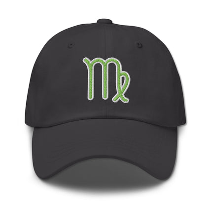 Green dad hat embroidered with the Virgo zodiac sign symbol.