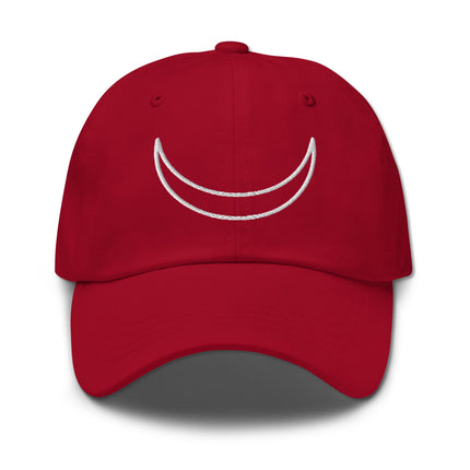 Embroidered crescent moon baseball cap with celestial lunar symbol design.