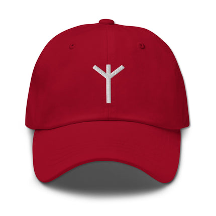 Embroidered Algiz rune baseball cap featuring the protective Norse Elder Futhark symbol.