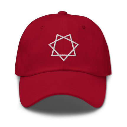 Embroidered Star of Babalon occult heptagram dad hat baseball cap with mystical design.