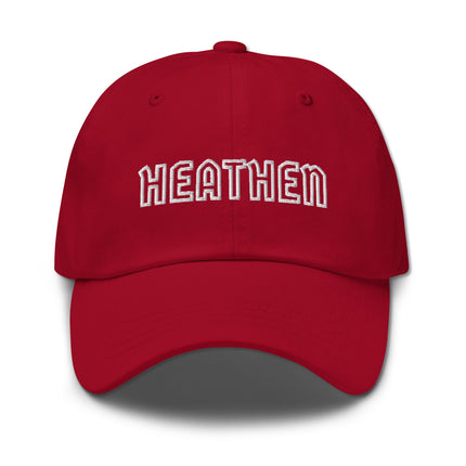 Heathen embroidered text dad hat on unstructured cotton baseball cap.