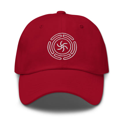 Embroidered baseball cap featuring Hekate's Wheel (Strophalos) occult symbol design.