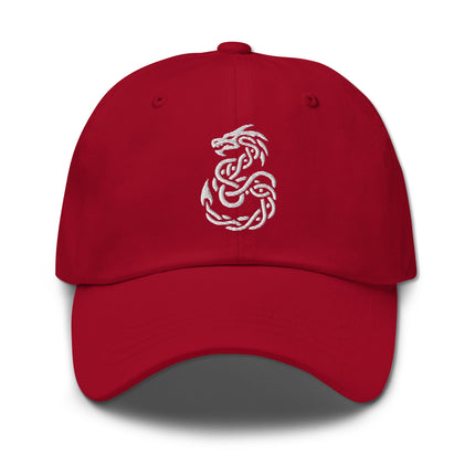 Celtic knotwork dragon embroidered baseball cap featuring traditional Celtic design elements.