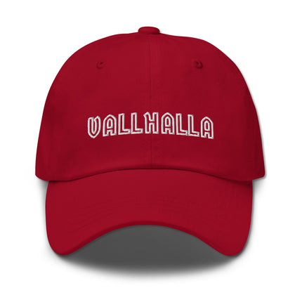 Embroidered Valhalla baseball cap featuring Norse mythology and Viking dad hat style.