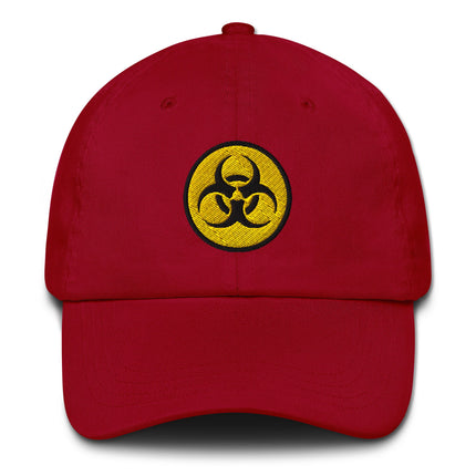 Embroidered yellow and black biohazard symbol safety hat cap.