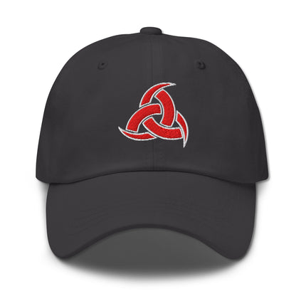 Red embroidered dad hat featuring Norse Viking Odin's Horns symbol.