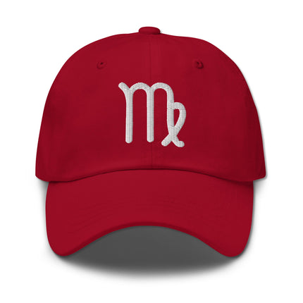 Embroidered Virgo zodiac symbol on a casual baseball dad hat for astrology lovers.