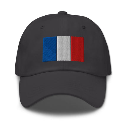 Embroidered French tricolor flag on a black baseball cap.