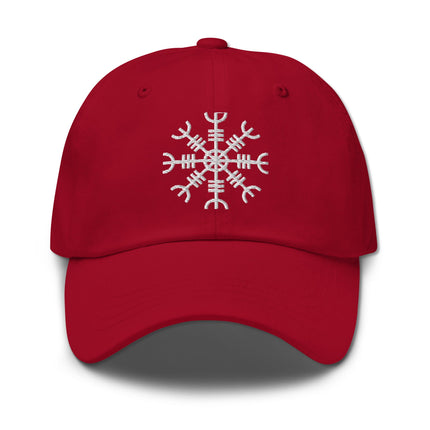 Dad hat embroidered with the Aegishjalmur Viking helm of awe Norse baseball cap design.