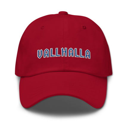 Blue embroidered baseball cap featuring Norse mythology Viking designs and Valhalla motifs.