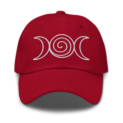 Embroidered triple moon spiral cap featuring wiccan goddess symbols.