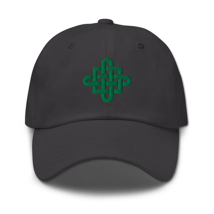 Green embroidered Celtic knot design on a breathable cotton baseball cap.