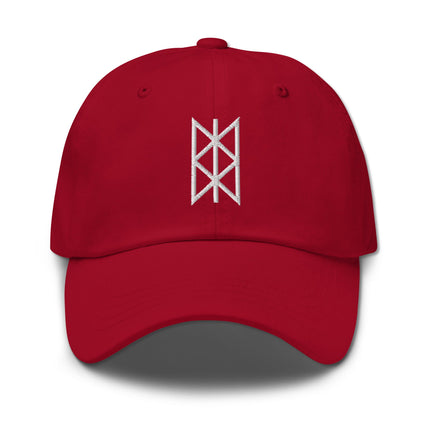 Norse Web of Wyrd embroidered cap featuring Viking runes and runic net design.