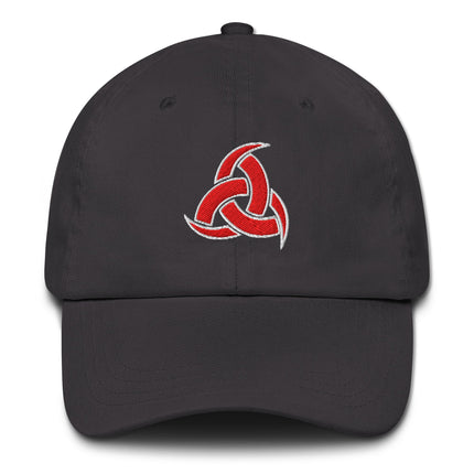 Red dad hat embroidered with Norse Odin's horns and Viking symbol design.