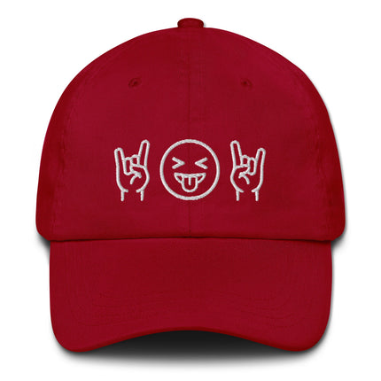 Embroidered rock rocker dad hat featuring hand sign and tongue out emoji face design.