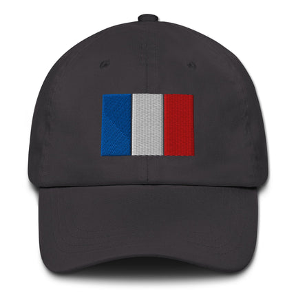 Embroidered French tricolor flag on a black baseball cap dad hat.