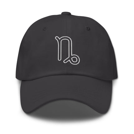 Embroidered Capricorn zodiac symbol dad cap featuring the celestial outline.