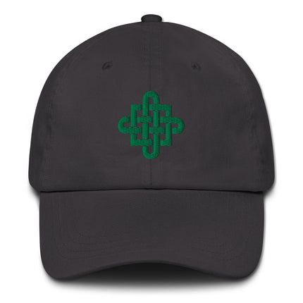 Green embroidered Celtic knotwork pattern on a casual cotton baseball cap.