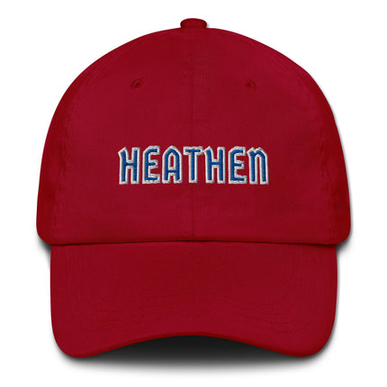 Embroidered blue and white "Heathen" text dad hat baseball cap.