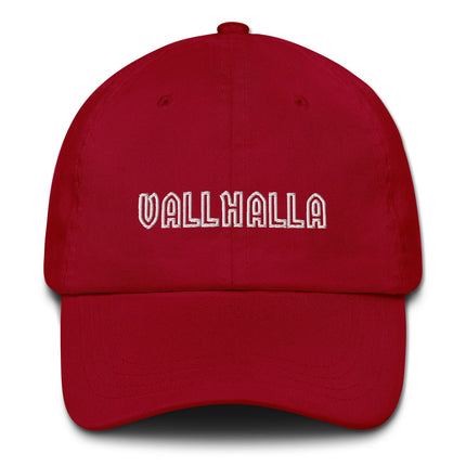Embroidered Valhalla baseball cap featuring Norse mythology viking designs.