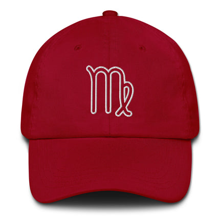 Embroidered Virgo zodiac outline on a black baseball cap.