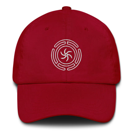 Embroidered baseball cap featuring Hekate's Wheel and Strophalos occult symbols.