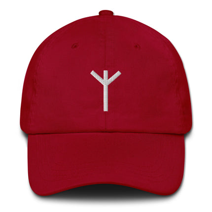 Embroidered Algiz Rune baseball cap featuring Norse protection symbols in Elder Futhark style.