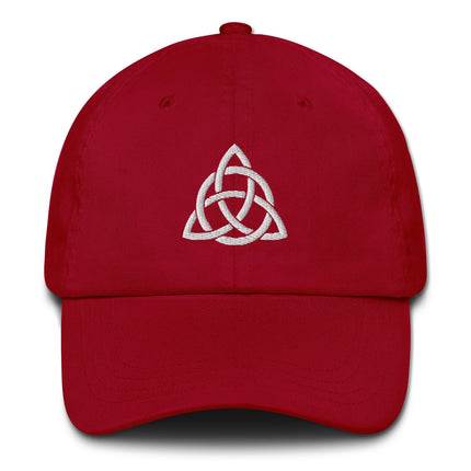Embroidered Celtic Triquetra knotwork design on an Irish baseball cap.