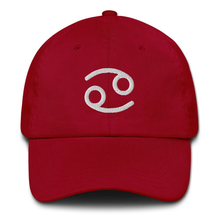 Embroidered Cancer zodiac sign baseball cap featuring the astrological crab constellation symbol.