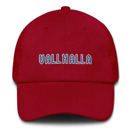 Blue baseball cap with detailed embroidery of Norse Viking mythology symbols.