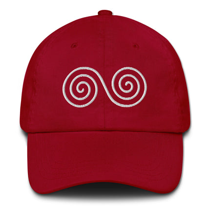 Double spiral embroidered baseball cap featuring a Celtic infinity symbol design.