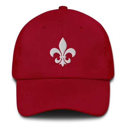 Embroidered white baseball cap featuring the classic fleur de lis French lily symbol.