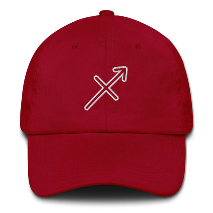 Embroidered dad cap with a Sagittarius zodiac outline and archer symbol design.