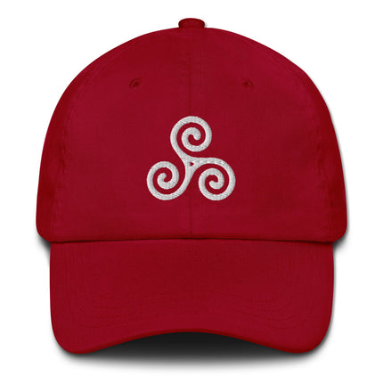 Embroidered Celtic triskele dad hat featuring a prominent spiral symbol.
