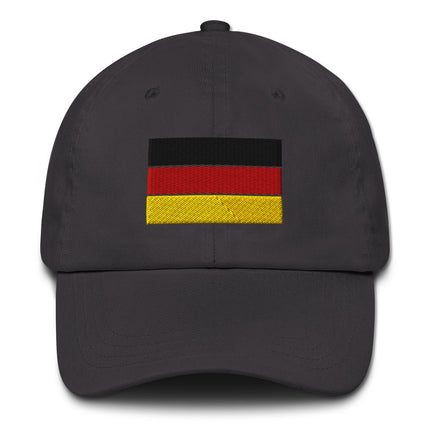Embroidered German flag dad hat in black, red, and gold colors for national pride.