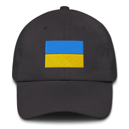 Black baseball cap embroidered with the blue and yellow Ukrainian flag in support of Ukraine.