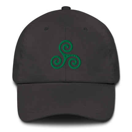 Green baseball cap featuring an embroidered Celtic Triskelion symbol.