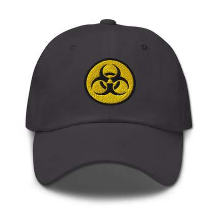 Yellow and black cap featuring embroidered biohazard warning sign design.