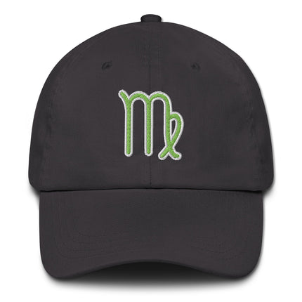 Green dad hat featuring embroidered Virgo zodiac symbol for astrology lovers.
