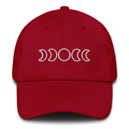 Embroidered baseball cap featuring a lunar cycle graphic of all moon phases.