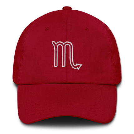 Embroidered Scorpio zodiac symbol baseball cap with astrological outline design.
