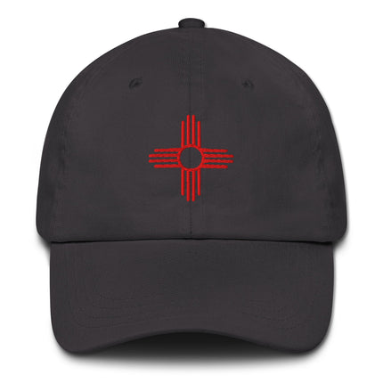 Embroidered Zia Sun New Mexico baseball cap with southwest style dad hat design.
