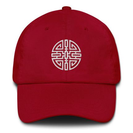 Embroidered baseball cap featuring the Chinese Cai wealth symbol for good fortune luck.