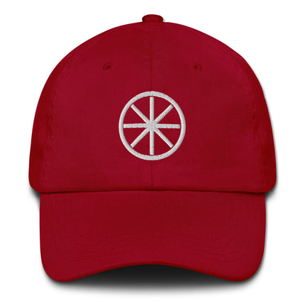 Unstructured cotton dad hat featuring a detailed embroidered Celtic Wheel design.